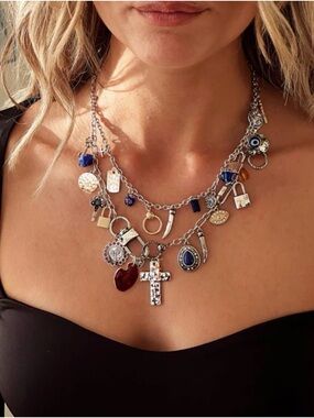 Free People Silver Multi-Charm Necklace with Blue Accents